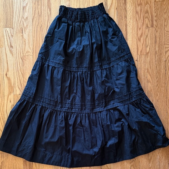 Quince sz S Black A-Line Skirt 100% organic cotton poplin tiered maxi new cond - Picture 2 of 11